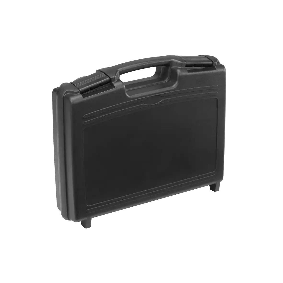 Black polypropylene carry case with cubed foam interior, dimensions 336x290x85mm.