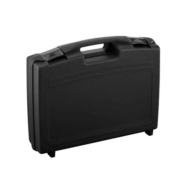 Black polypropylene carry case, model SP PAN 170/44H114, empty with dimensions 448x364x114mm.