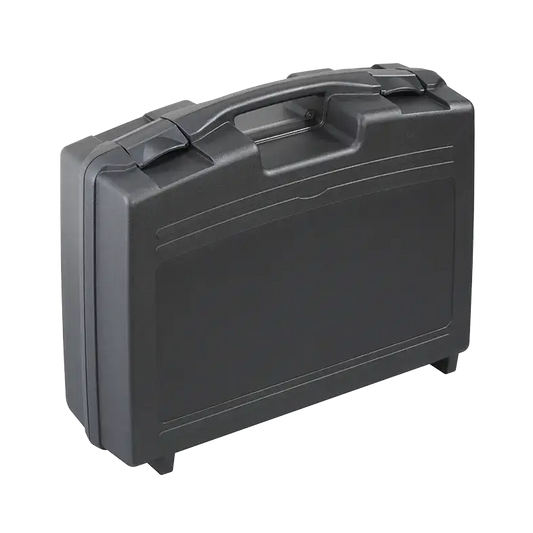 Black polypropylene carry case with cubed foam, dimensions 448x364x114mm.