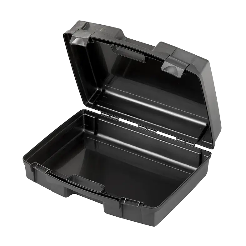 Black polypropylene carry case, empty, measuring 448x364x148mm