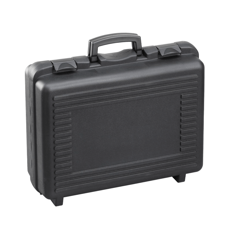 Black polypropylene carry case with cubed foam, measuring 482x375x160mm.