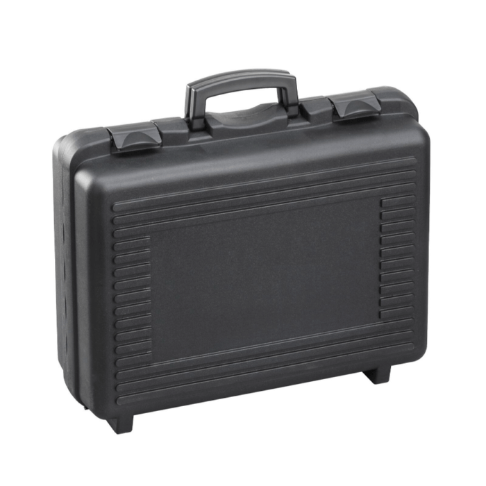 Black polypropylene carry case with cubed foam, dimensions 482x375x160mm.