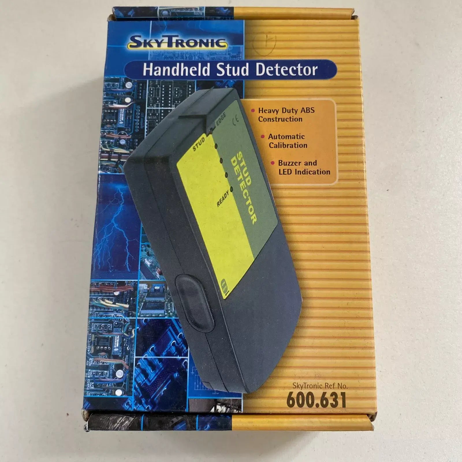 Skytronic handheld stud detector featuring heavy duty ABS construction, equipped with buzzer and LED indicators.
