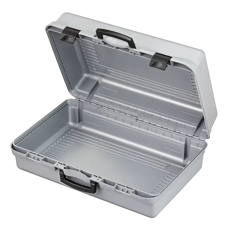 Silver polypropylene carry case, model SP PAN 170/60H224, empty, dimensions 600x415x224mm.