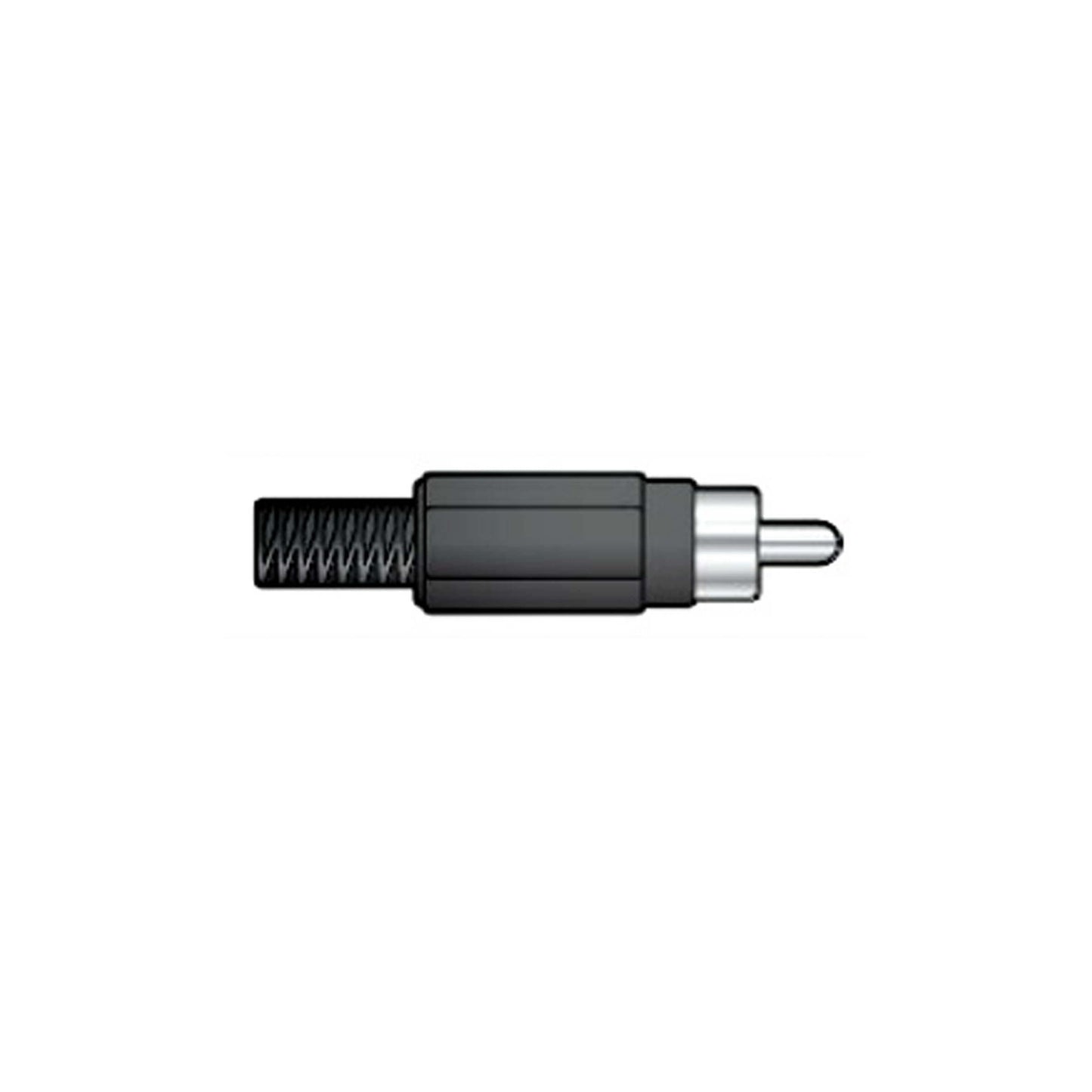 Image of TVA RCA moulded plug featuring a green plastic cover and a cable protector.
