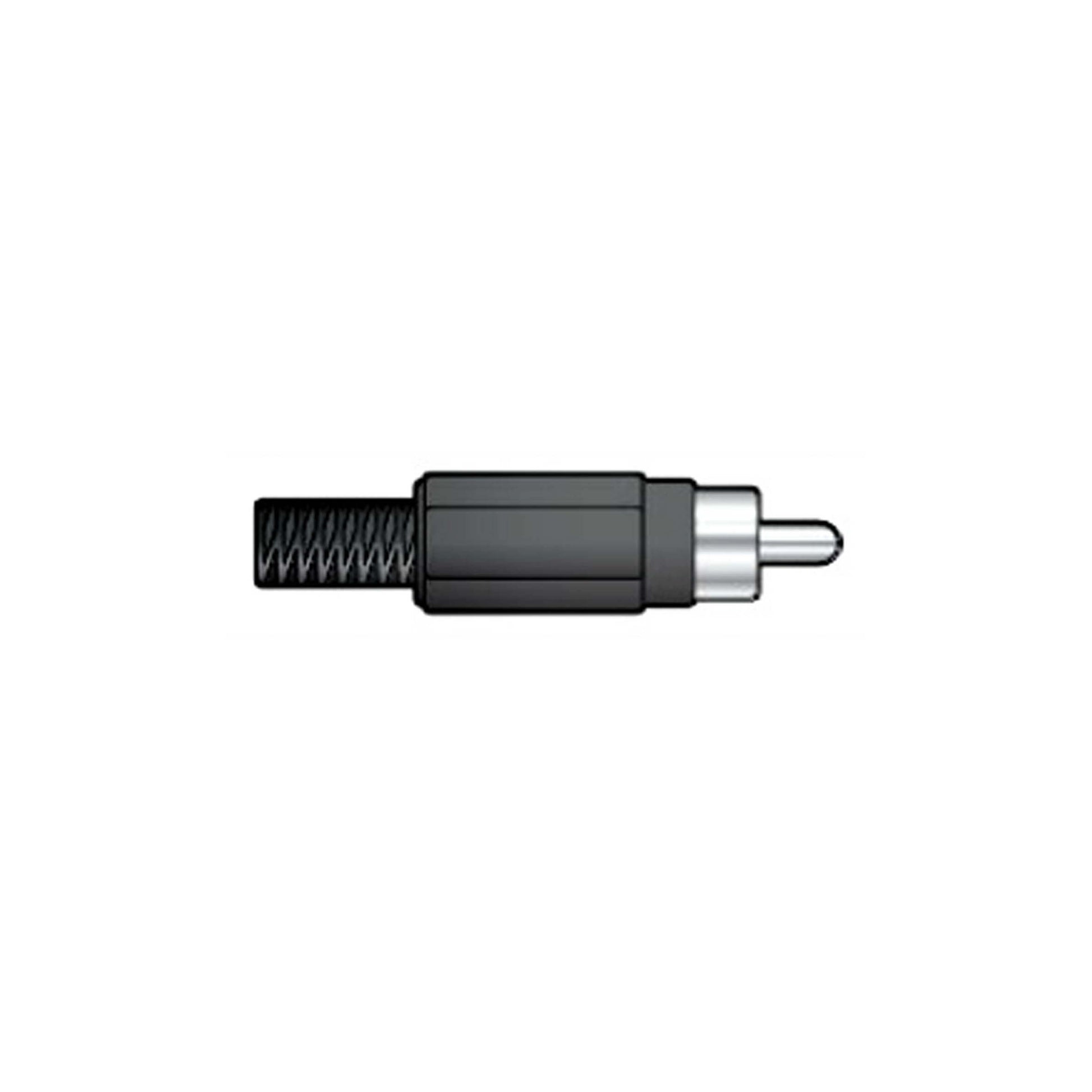 Image of TVA RCA moulded plug featuring a green plastic cover and a cable protector.
