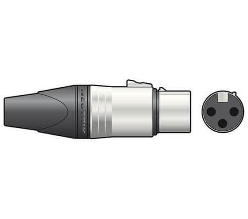Neutrik NC3FXX 3-Pole XLR Female Socket Connector designed for cables up to 8mm, displayed in a product image.