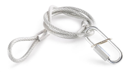 Beamz Steel Safety Cable measuring 95cm x 5mm with a load capacity of 65kg, displayed from the side.