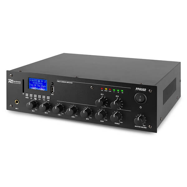 Power Dynamics PPA502 Compact Mixer-Amplifier with USB and Bluetooth connectivity, featuring 100V output and 2x50W power, designed for versatile audio applications.