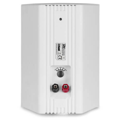 Power Dynamics BC50VW 100V weatherproof speaker set in white, featuring 5.25 inch speakers, suitable for outdoor use.
