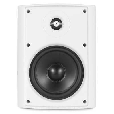 Power Dynamics BC65VW 100V weatherproof speaker set in white, featuring 6.5-inch speakers designed for outdoor use.