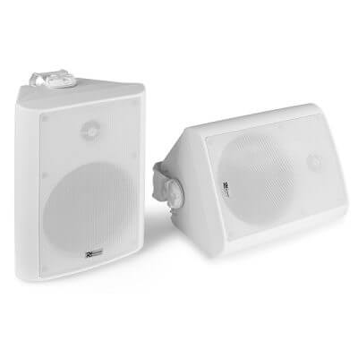 Power Dynamics BC65VW 100V weatherproof speaker set in white, featuring 6.5 inch speakers, designed for outdoor use.