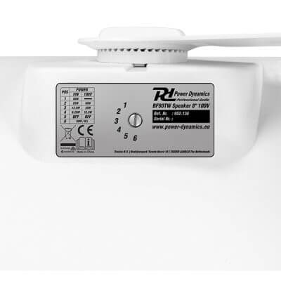 Power Dynamics BF80TW 100V Weatherproof Speaker 8 inch in white, designed for outdoor use with IPX5 rating.