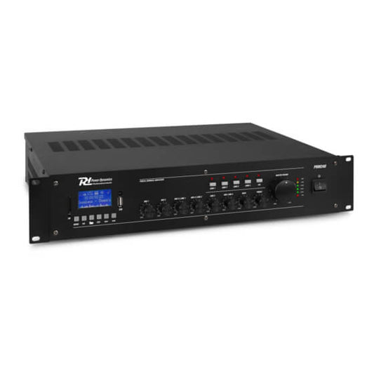 Power Dynamics PRM240 Mixer-Amplifier with USB, SD, and Bluetooth capabilities, designed for 100V systems with 240W output across 4 zones.