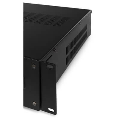 Power Dynamics PRM360 100V 4-Zone Mixer-Amplifier with USB, SD, and Bluetooth capabilities, featuring a sleek design and 360W RMS power output.