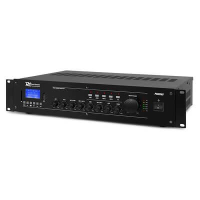 Power Dynamics PRM360 100V 4-Zone Mixer-Amplifier with USB, SD, and Bluetooth capabilities, featuring a sleek design.