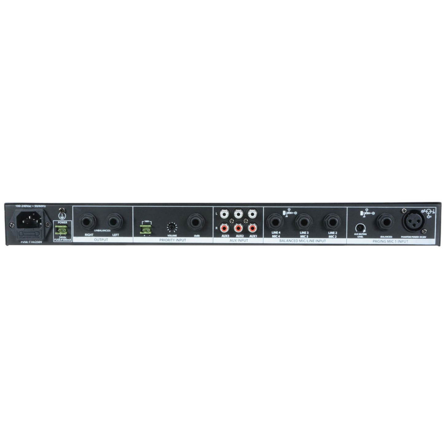 Adastra ML432 1U Rack Mixer featuring 4 microphone inputs and 3 auxiliary inputs, designed for professional audio mixing.