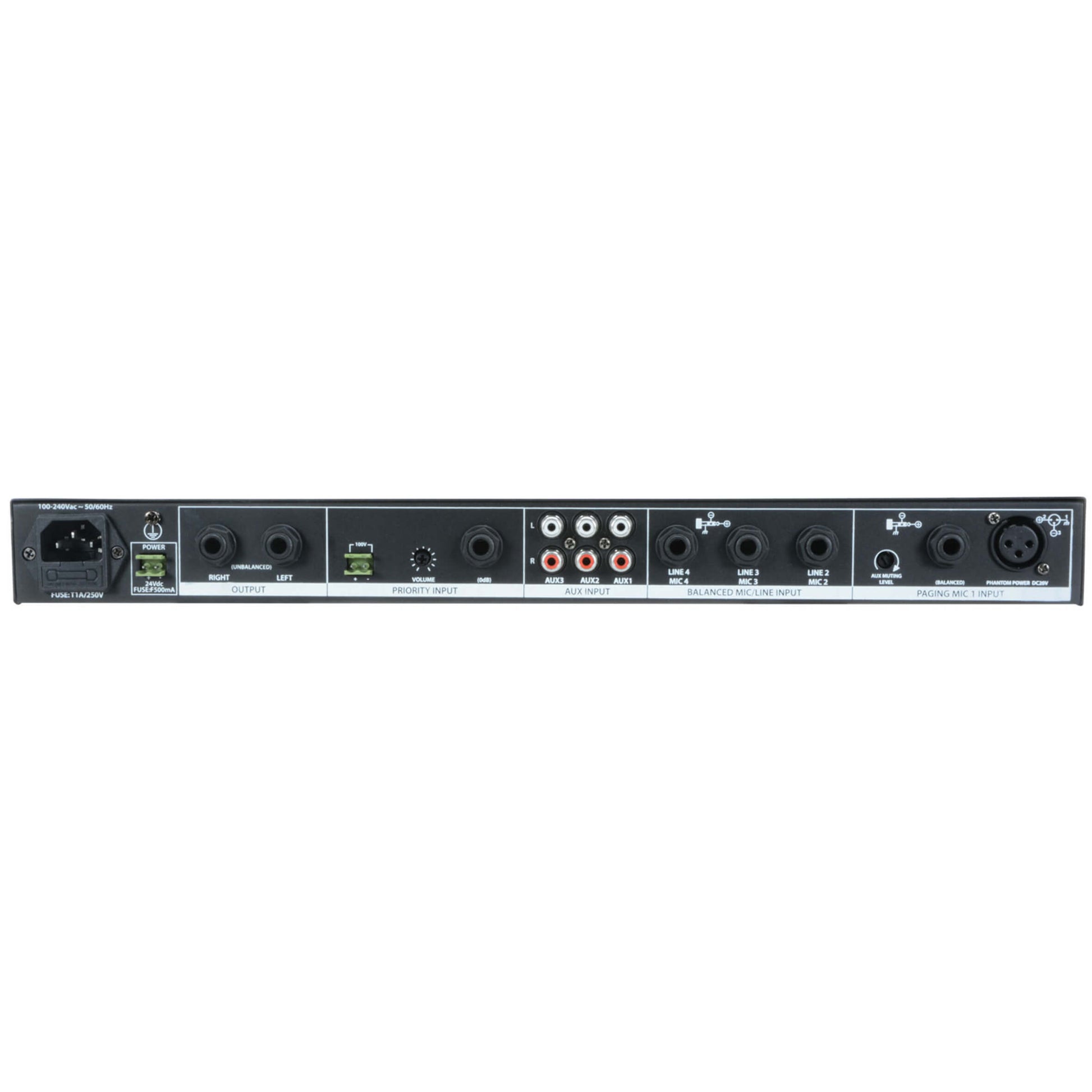 Adastra ML432 1U Rack Mixer featuring 4 microphone inputs and 3 auxiliary inputs, designed for professional audio mixing.