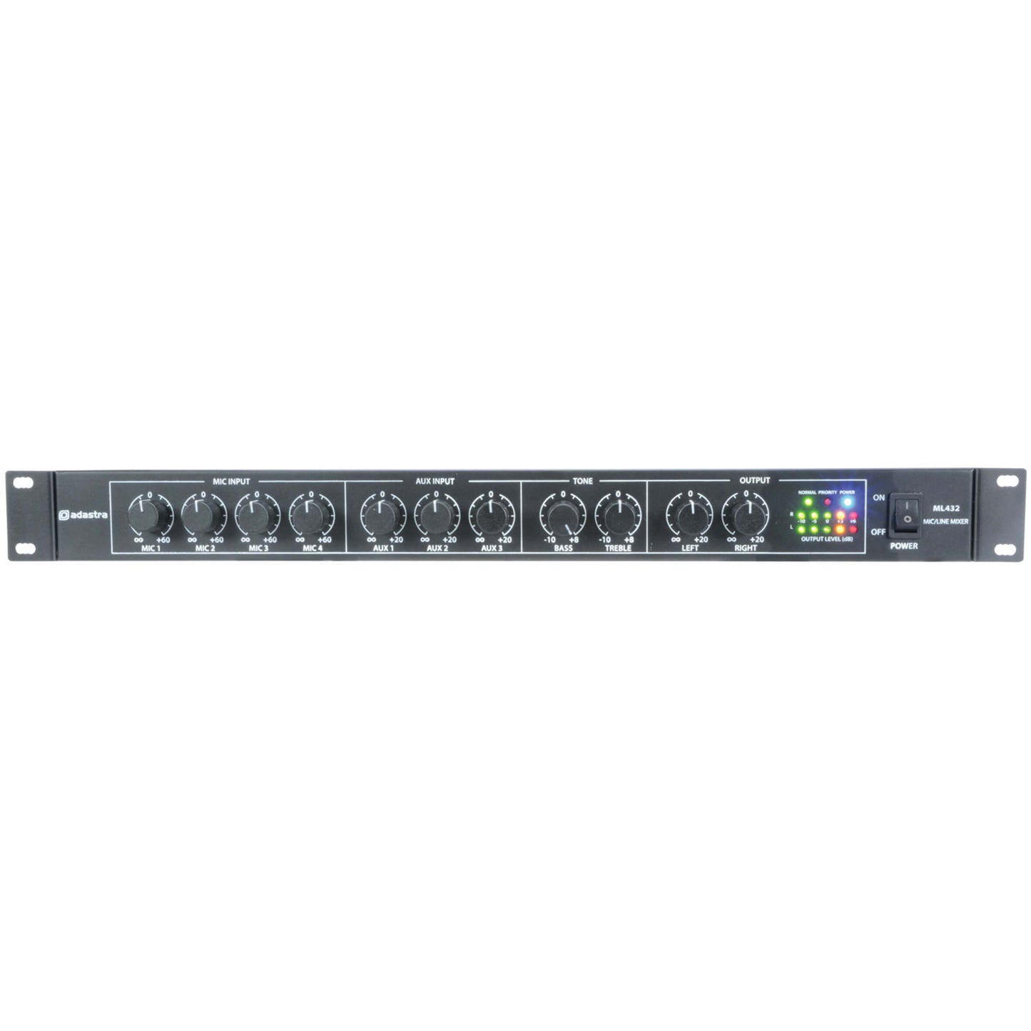 Adastra ML432 1U Rack Mixer featuring 4 microphone inputs and 3 auxiliary inputs, designed for professional audio mixing.