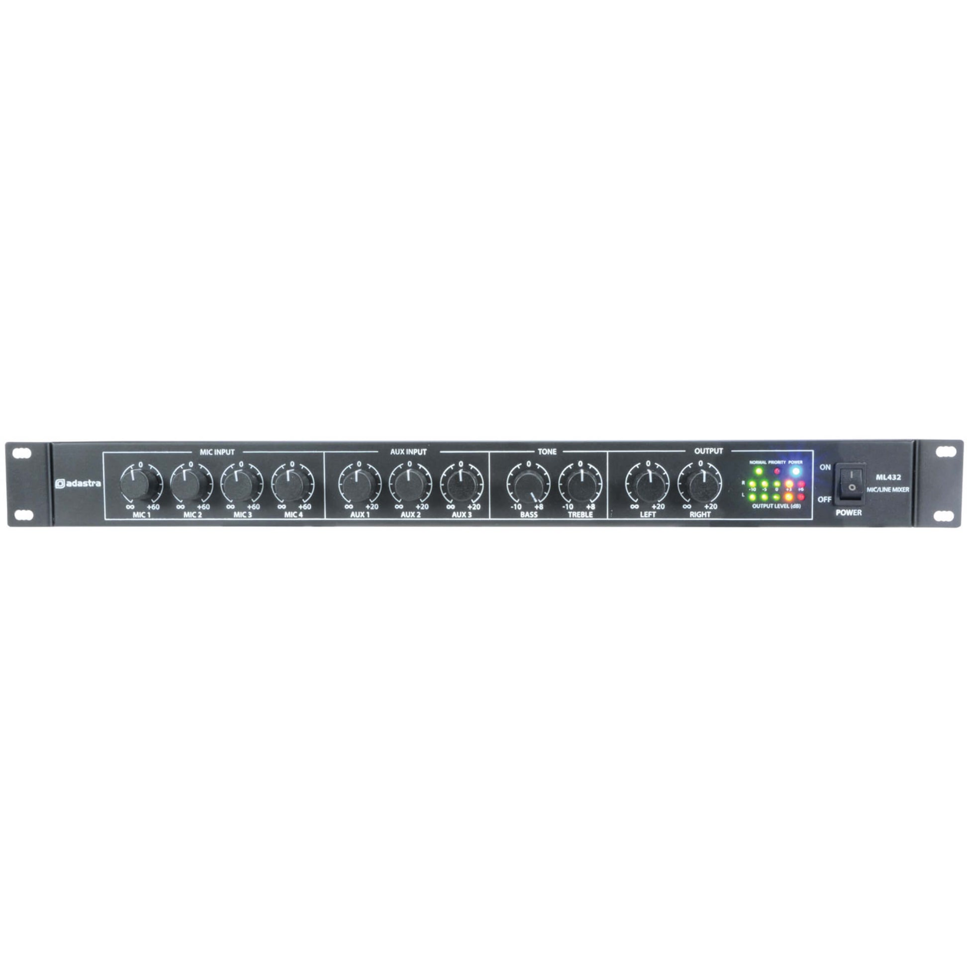 Adastra ML432 1U Rack Mixer featuring 4 microphone inputs and 3 auxiliary inputs, designed for professional audio mixing.