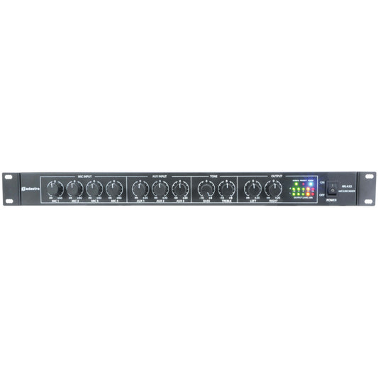 Adastra ML432 1U Rack Mixer featuring 4 microphone inputs and 3 auxiliary inputs, designed for professional audio mixing.