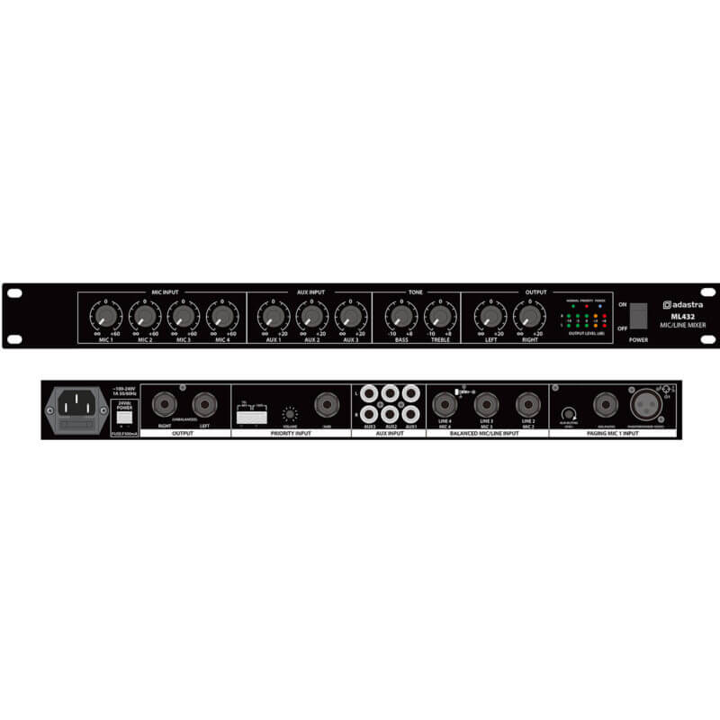 Adastra ML432 1U Rack Mixer featuring 4 microphone inputs and 3 auxiliary inputs, suitable for professional audio mixing.