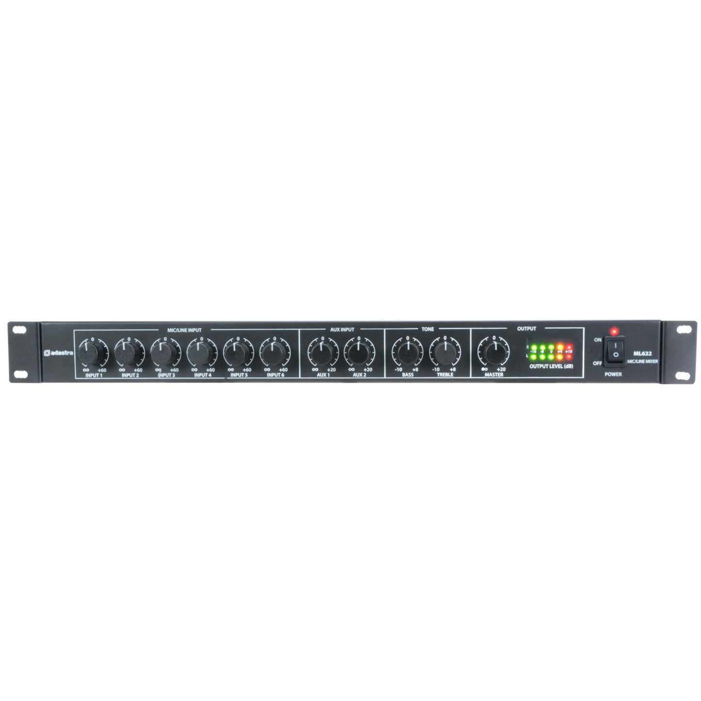 Adastra ML622 6 Mic 2 Aux Rack Mixer - Compact audio solution for professional sound mixing.