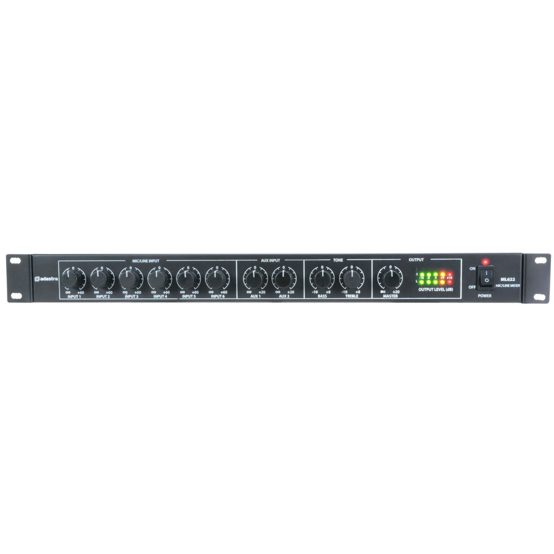Adastra ML622 6 Mic 2 Aux Rack Mixer - Compact audio solution for professional sound mixing.