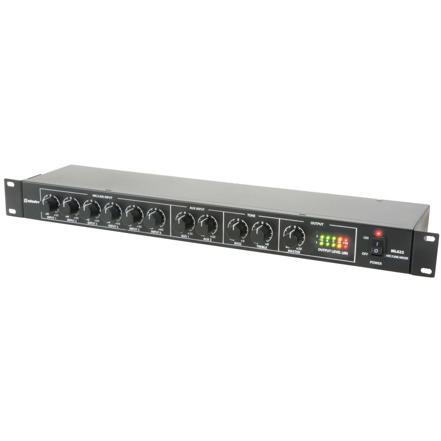 Adastra ML622 6 Mic 2 Aux Rack Mixer 1U showcasing a compact audio solution for professional sound mixing.