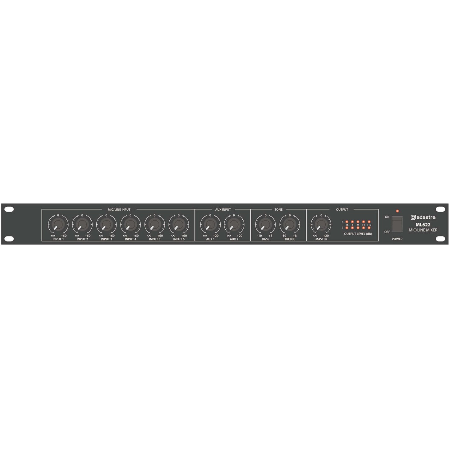 Adastra ML622 6 Mic 2 Aux Rack Mixer, a compact audio solution designed for versatile audio mixing and management.