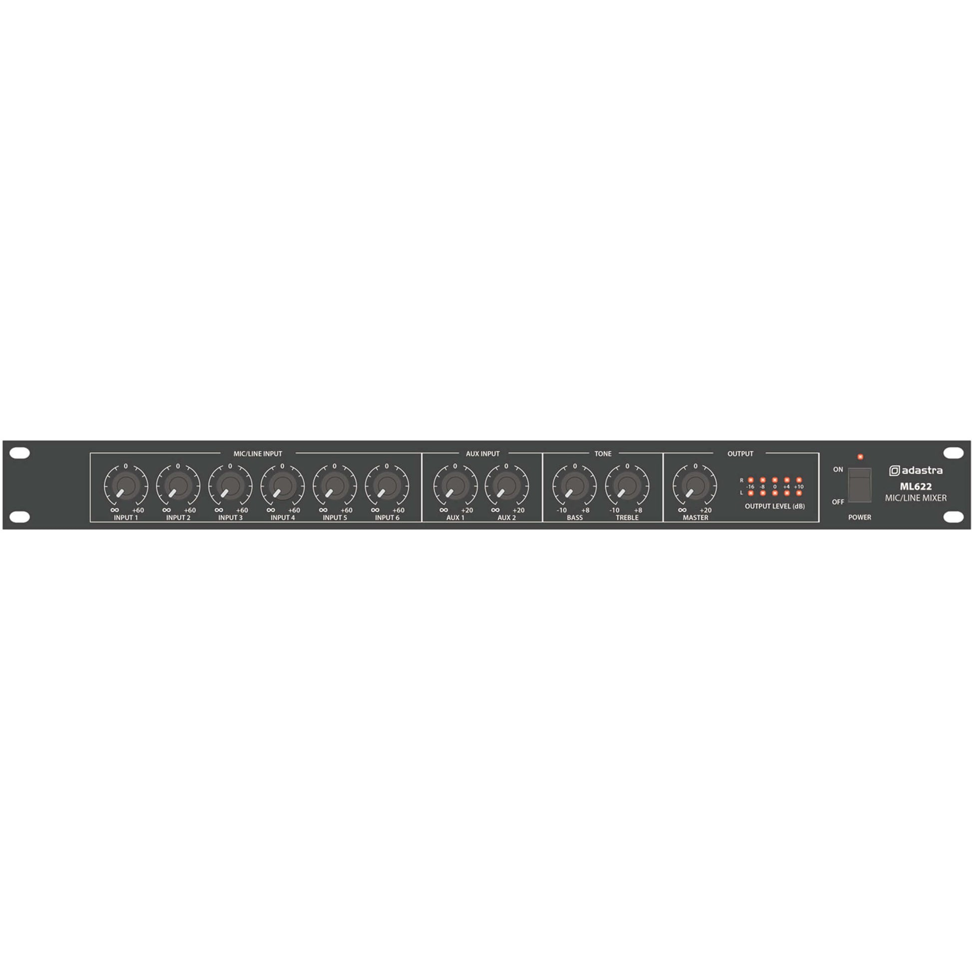 Adastra ML622 6 Mic 2 Aux Rack Mixer, a compact audio solution designed for versatile audio mixing and management.