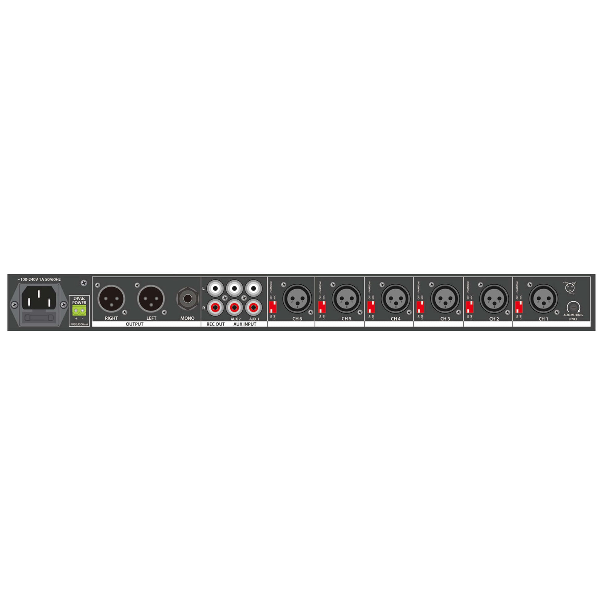 Adastra ML622 6 Mic 2 Aux Rack Mixer 1U - Compact audio solution for versatile sound mixing.