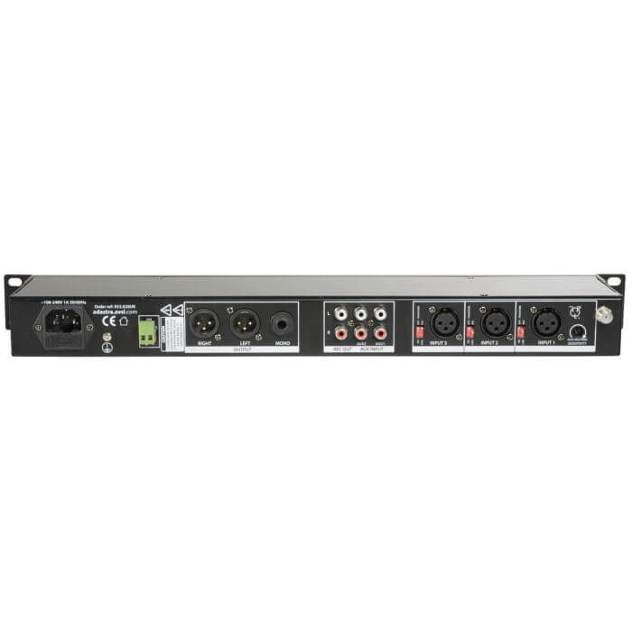 ADASTRA MM321 Rack Mixer with Bluetooth, USB, and FM Player displayed on a rackmount setup.