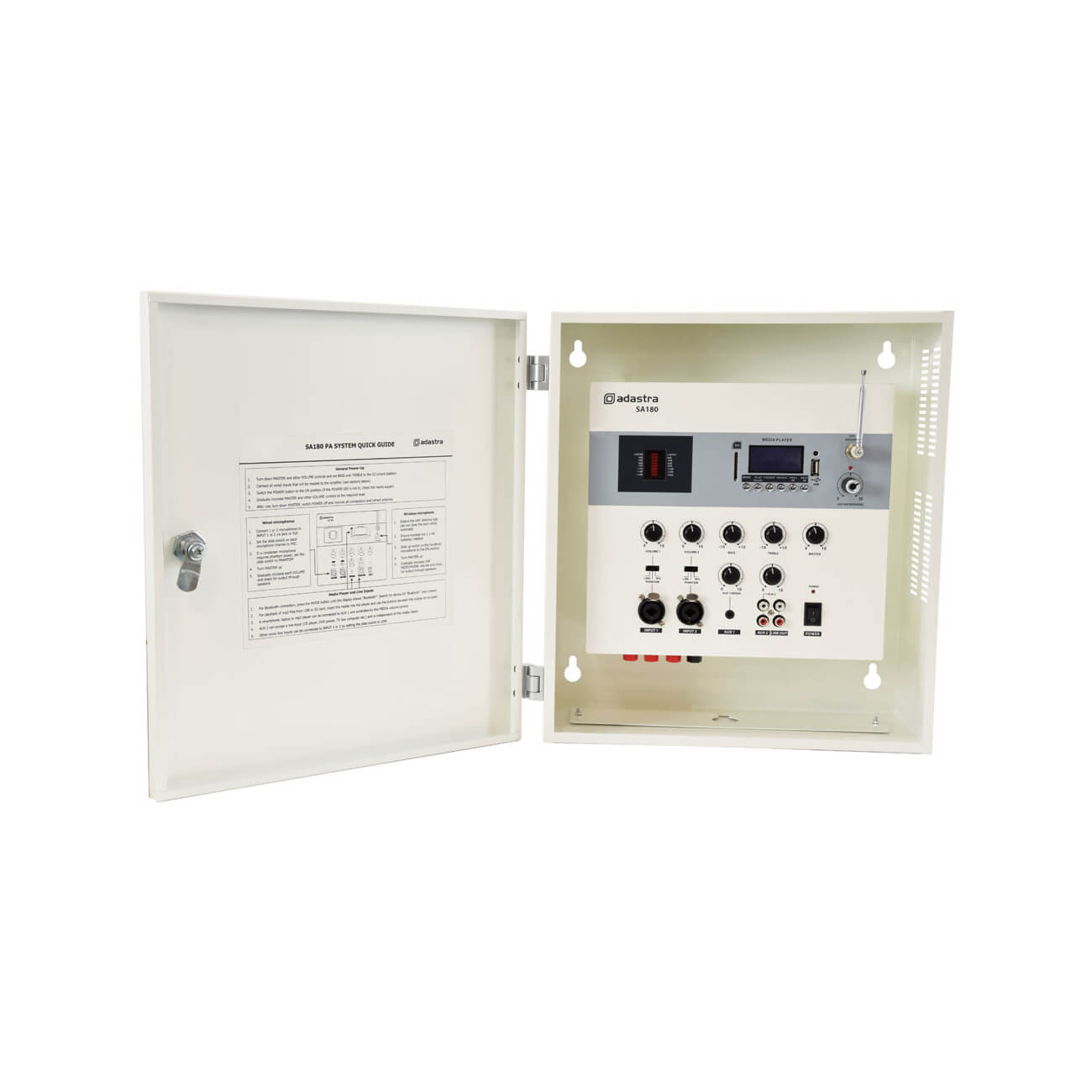 ADASTRA SA180 Wall Mixer-Amplifier featuring USB, SD card slot, Bluetooth connectivity, UHF microphone, and remote control functionality.