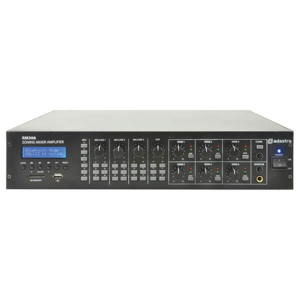 ADASTRA RM306 6-Zone 100V Mixer Amplifier featuring USB, SD, FM, and Bluetooth connectivity with 6 x 30W output.