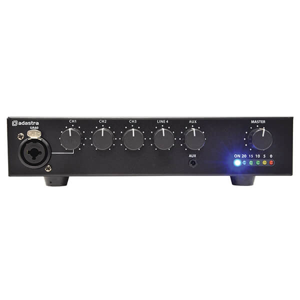 Adastra UA60 Ultra Compact Mixer-Amplifier 100V 60W, a versatile PA solution for various audio applications.