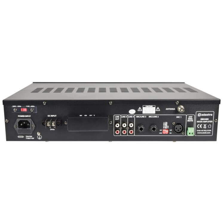 Adastra RM240SB Mixer-Amplifier featuring USB, Bluetooth, FM capabilities, 100V output, 240W power, and 4 zone control in a 5 channel rack mount design.