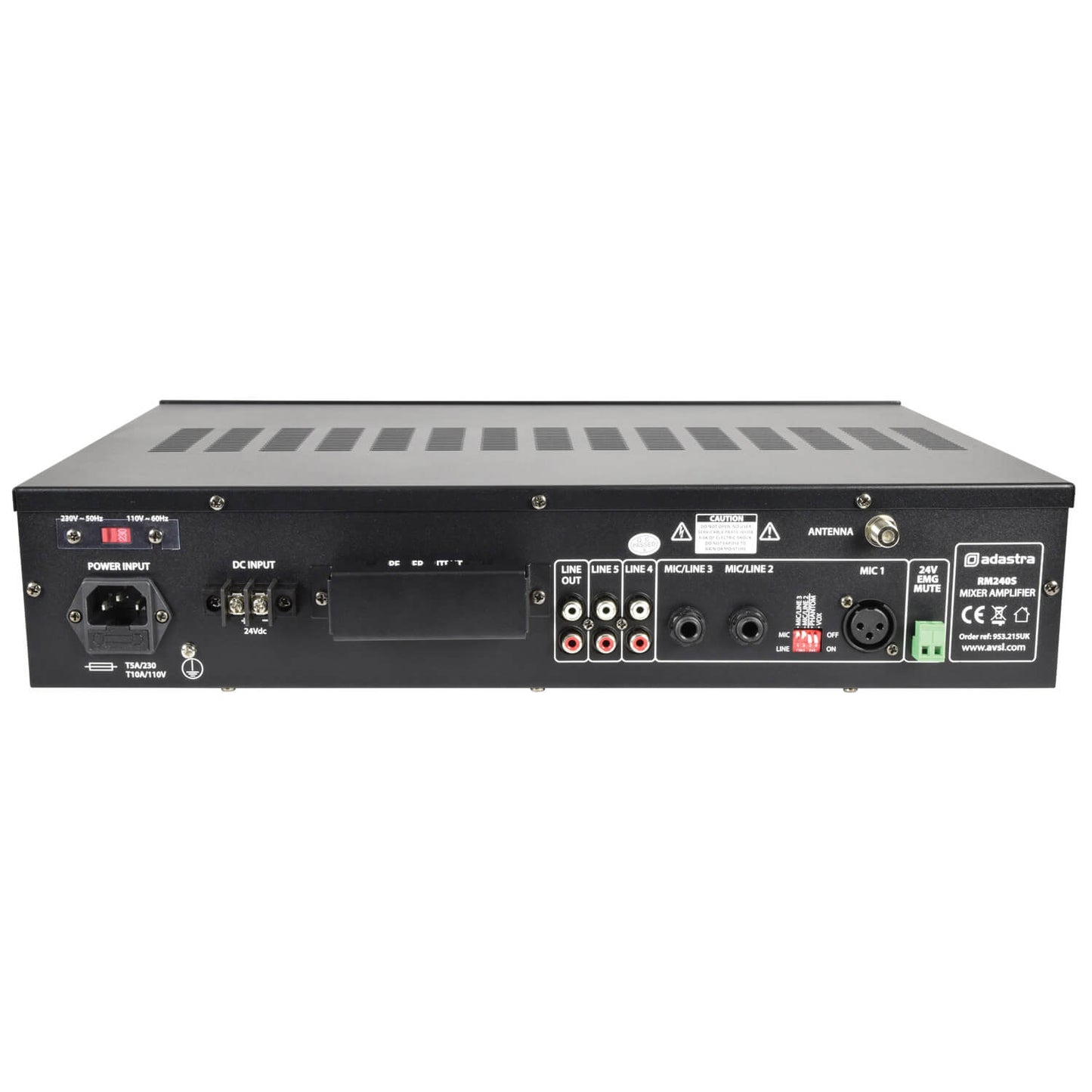 Adastra RM240SB Mixer-Amplifier featuring USB, Bluetooth, FM capabilities, 100V output, 240W power, and 5 channel rack mount design.