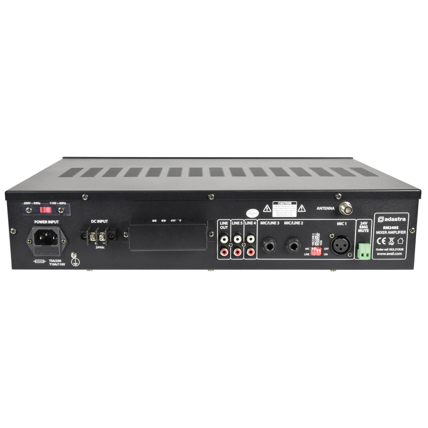 Adastra RM240SB Mixer-Amplifier featuring USB, Bluetooth, FM capabilities, 100V output, 240W power, and 5 channel rack mount design.