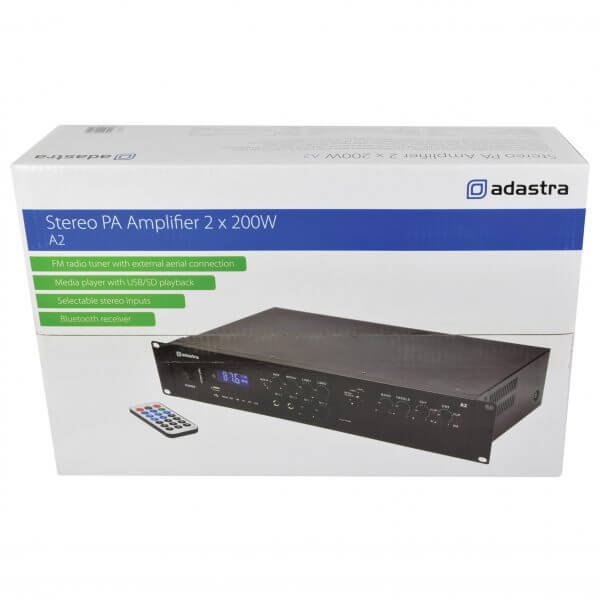 ADASTRA A2 Stereo PA Mixer-Amplifier with USB, Bluetooth, and FM capabilities, featuring 2 x 200W RMS output at 8 Ohm.