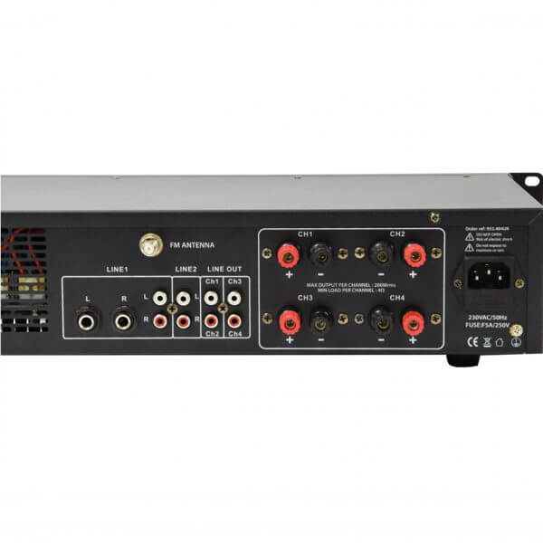 ADASTRA A4 Dual Stereo PA Mixer-Amplifier with USB, Bluetooth, and FM capabilities, featuring 4 x 200W output.