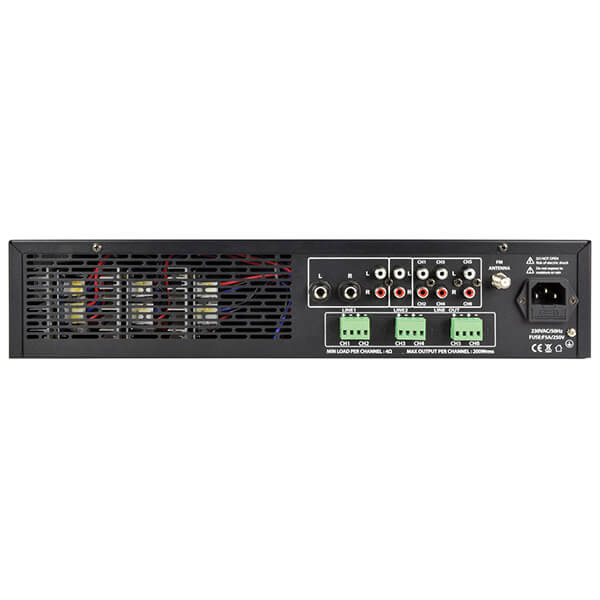 Adastra A6 Tri Stereo PA Mixer-Amplifier with USB, Bluetooth, and FM capabilities, featuring 6 channels and 200W RMS output at 4 Ohms.