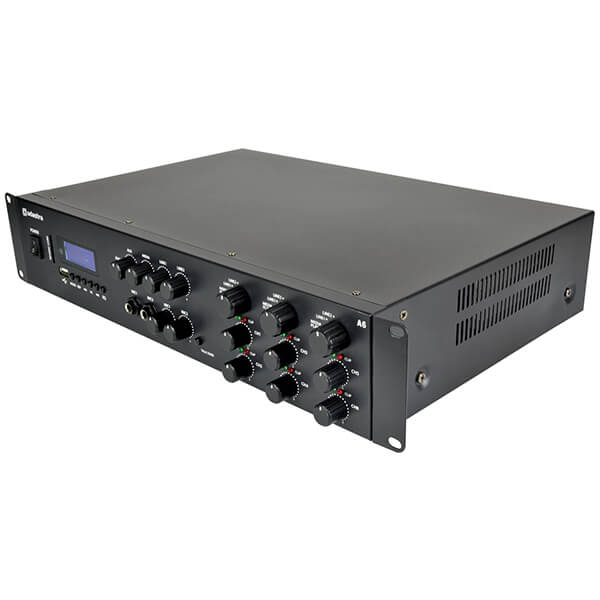 Adastra A6 Tri Stereo PA Mixer-Amplifier featuring USB, Bluetooth, and FM capabilities, delivering 6 x 200W RMS at 4 Ohms.