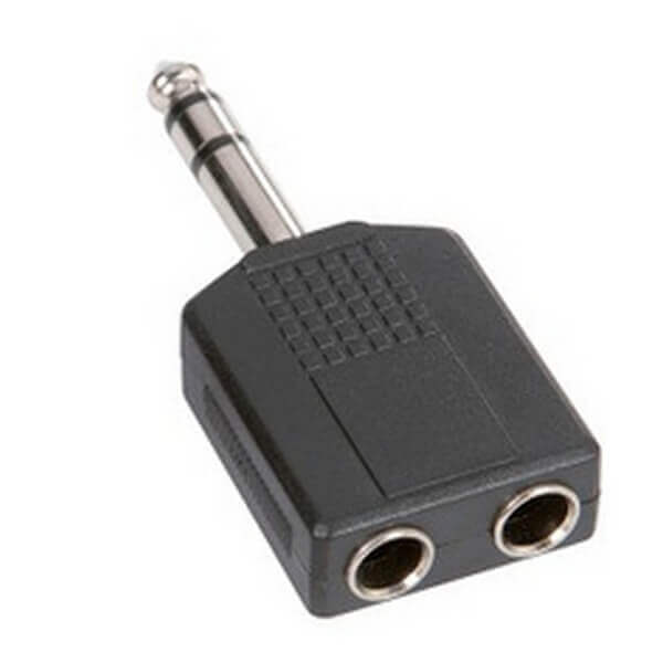 Adam Hall 7545 Y-Adapter with 2 x 3.5mm stereo jack female connectors and 1 x 6.3mm stereo jack male connector.