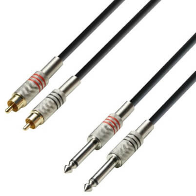 Adam Hall Cables K3 TPC 0600 audio cable featuring 2 RCA male connectors and 2 mono 6.3mm jack connectors, 6 meters in length.