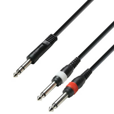 Adam Hall Cables K3 YVPP 0300 audio cable featuring a 6.3mm stereo jack to two 6.3mm mono jacks, 3 meters in length.