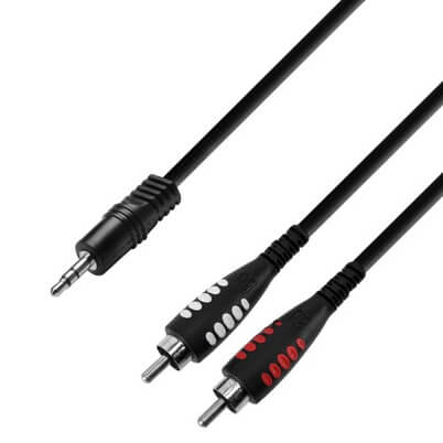 Adam Hall K3 YWCC 0100 audio cable featuring a 3.5mm stereo jack to dual RCA male connectors, 1 meter in length.