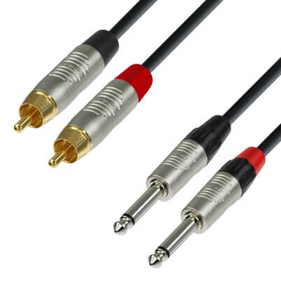 Adam Hall Cables K4 TPC 0300 audio cable featuring REAN 2 x RCA male connectors to 2 x 6.3mm mono jack, 3 meters in length.