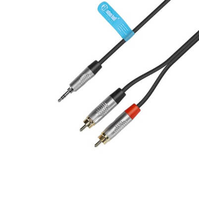 Adam Hall Cables K4 YWCC 0300 audio cable featuring a REAN 3.5mm stereo jack to dual RCA male connectors, 3 meters in length.