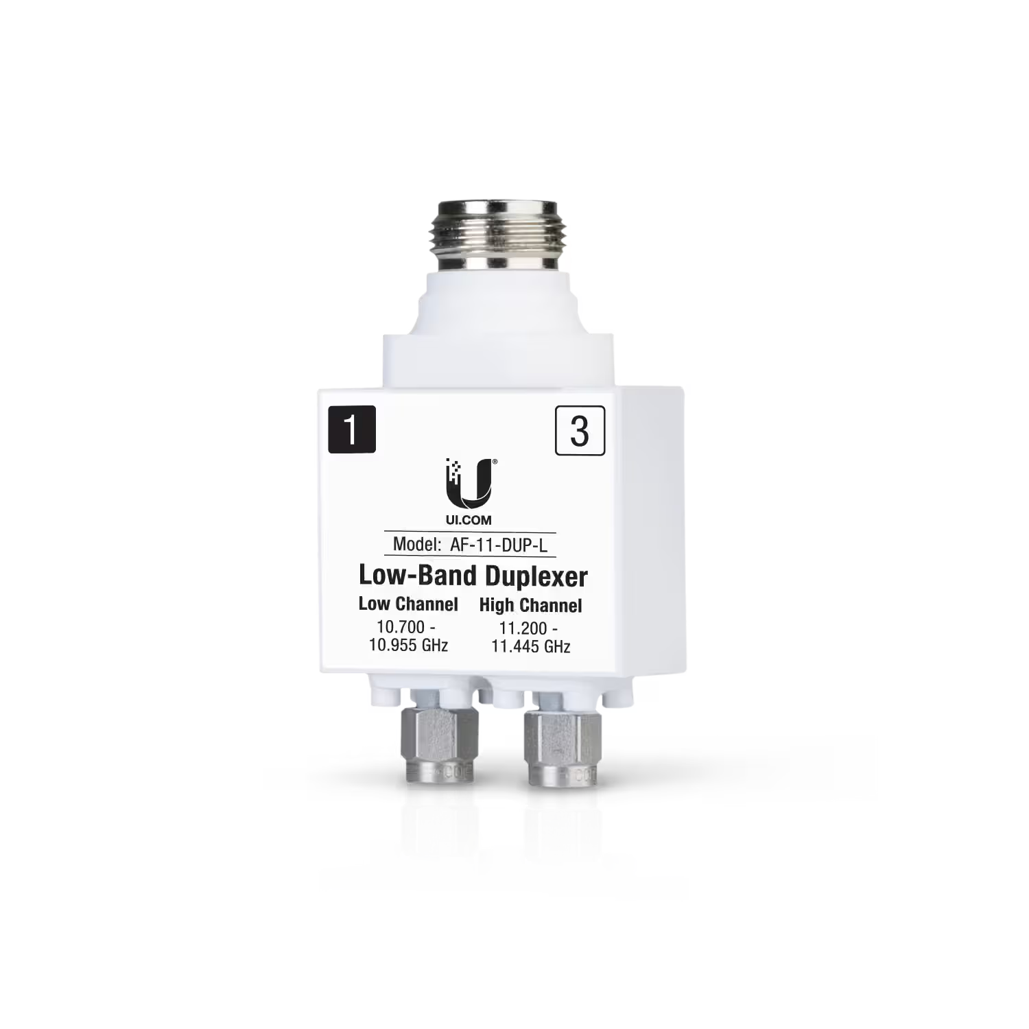Front view of Ubiquiti UISP airFiber 11GHz Low Band Duplexer AF-11-DUP-L, showcasing its sleek design and features.